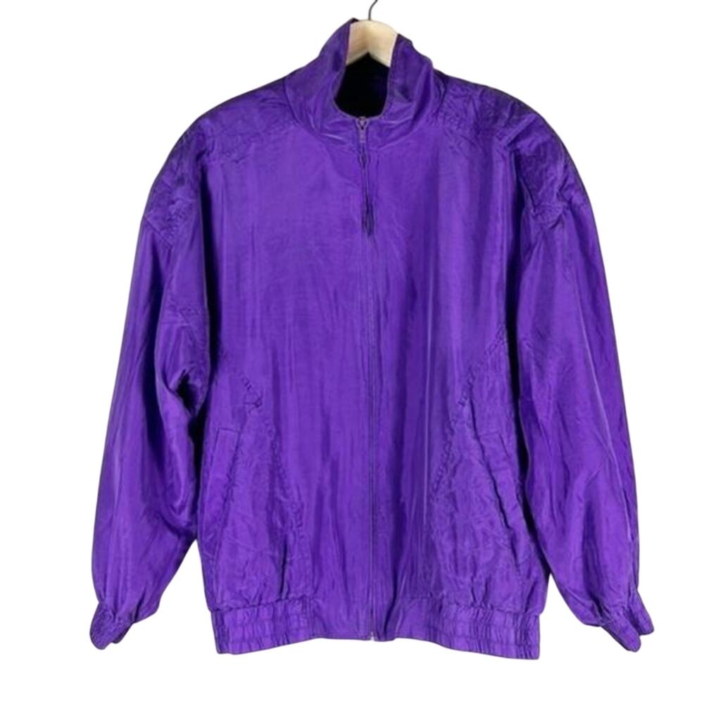 Vintage Swell Bomber Jacket Womens L Purple 100% Silk Pockets Lightweight Retro